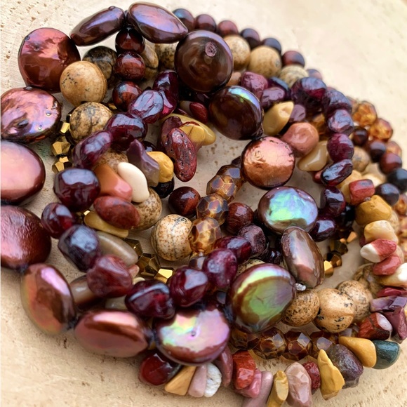 Natural Dark Red Garnet & Gold Jasper Mookaite Mix Gemstone Bead Bracelet Stack - Picture 6 of 11